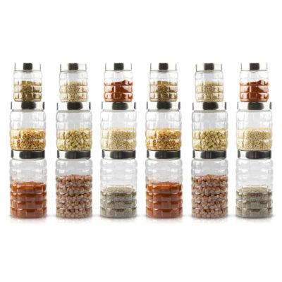 Tigris Plastic Storage Jar and Container with Steel Cap, Set of 18 (300ml x 6, 650ml x 6, 1950ml x 6)